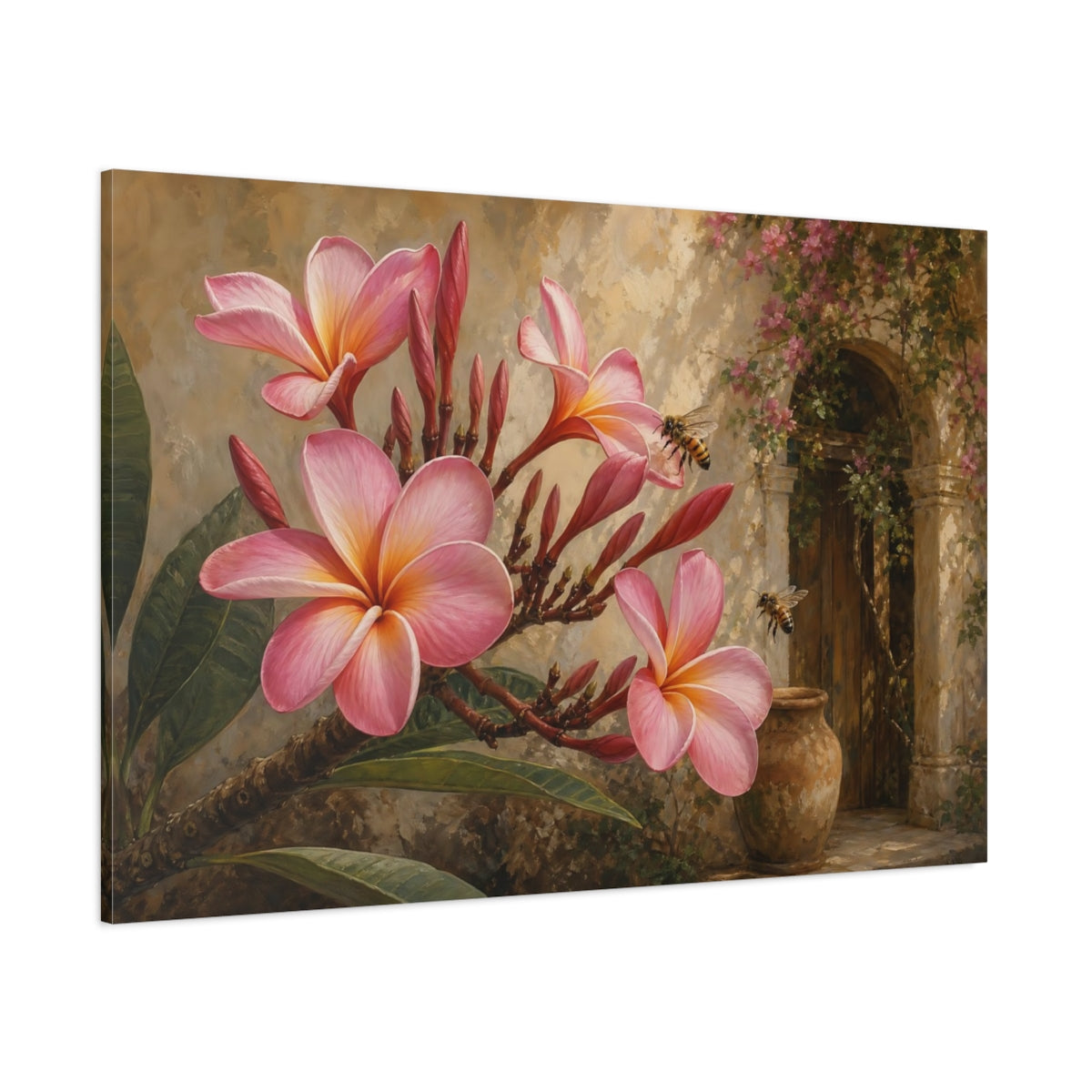 Side Mockup 1. Floral Plumeria Flowers Pink Plumeria shown as stretched canvas wall art