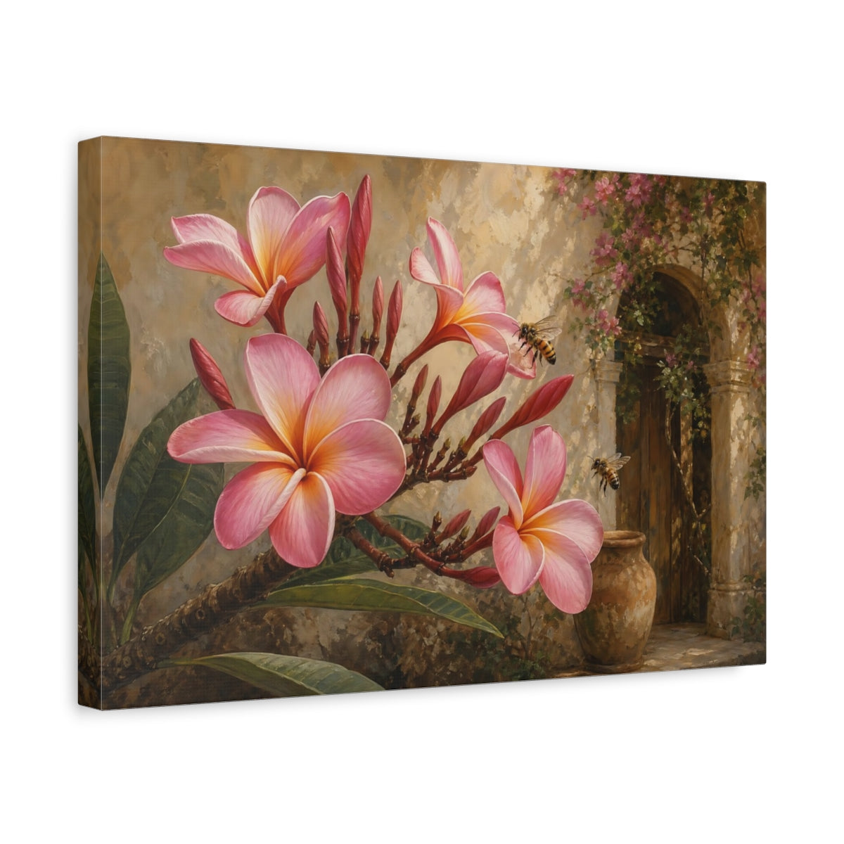 Side Mockup 4. Floral Plumeria Flowers Pink Plumeria shown as stretched canvas wall art
