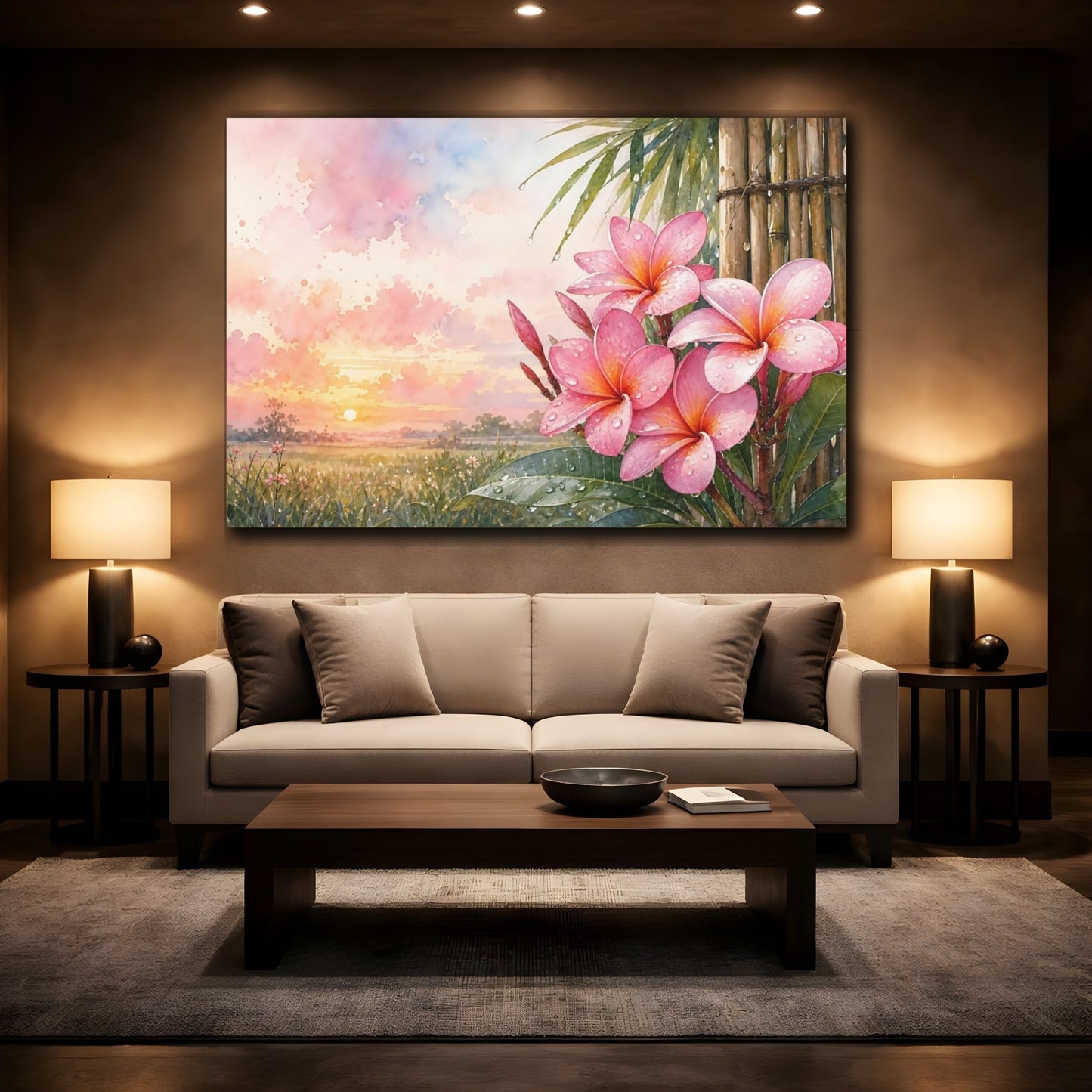 Mockup 2. Floral Plumeria Flowers Pink Floral Sunset shown as stretched canvas wall art