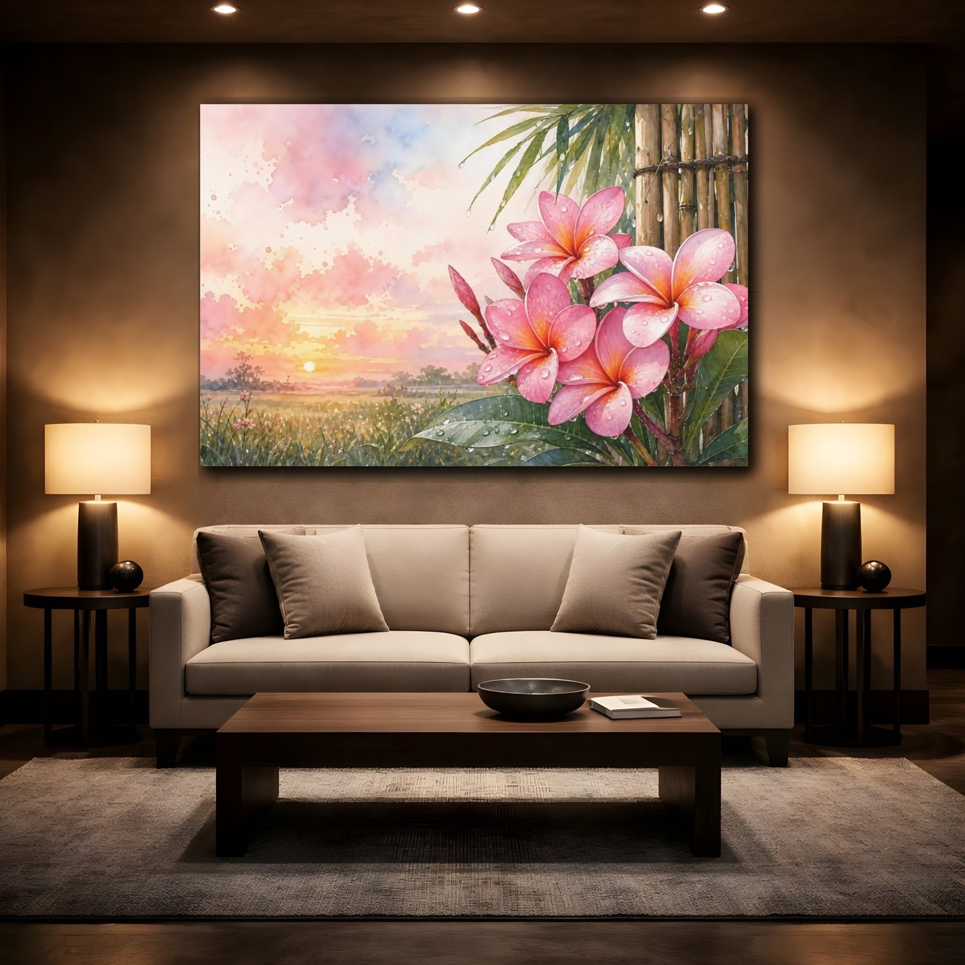 Mockup 2. Floral Plumeria Flowers Pink Floral Sunset shown as stretched canvas wall art