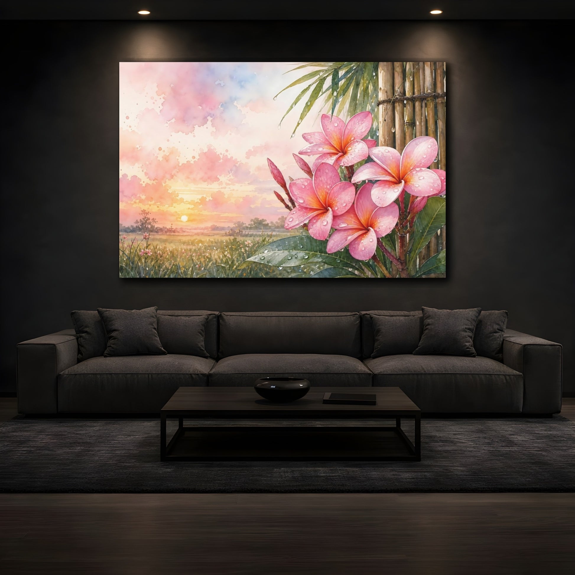 Mockup 3. Floral Plumeria Flowers Pink Floral Sunset shown as stretched canvas wall art