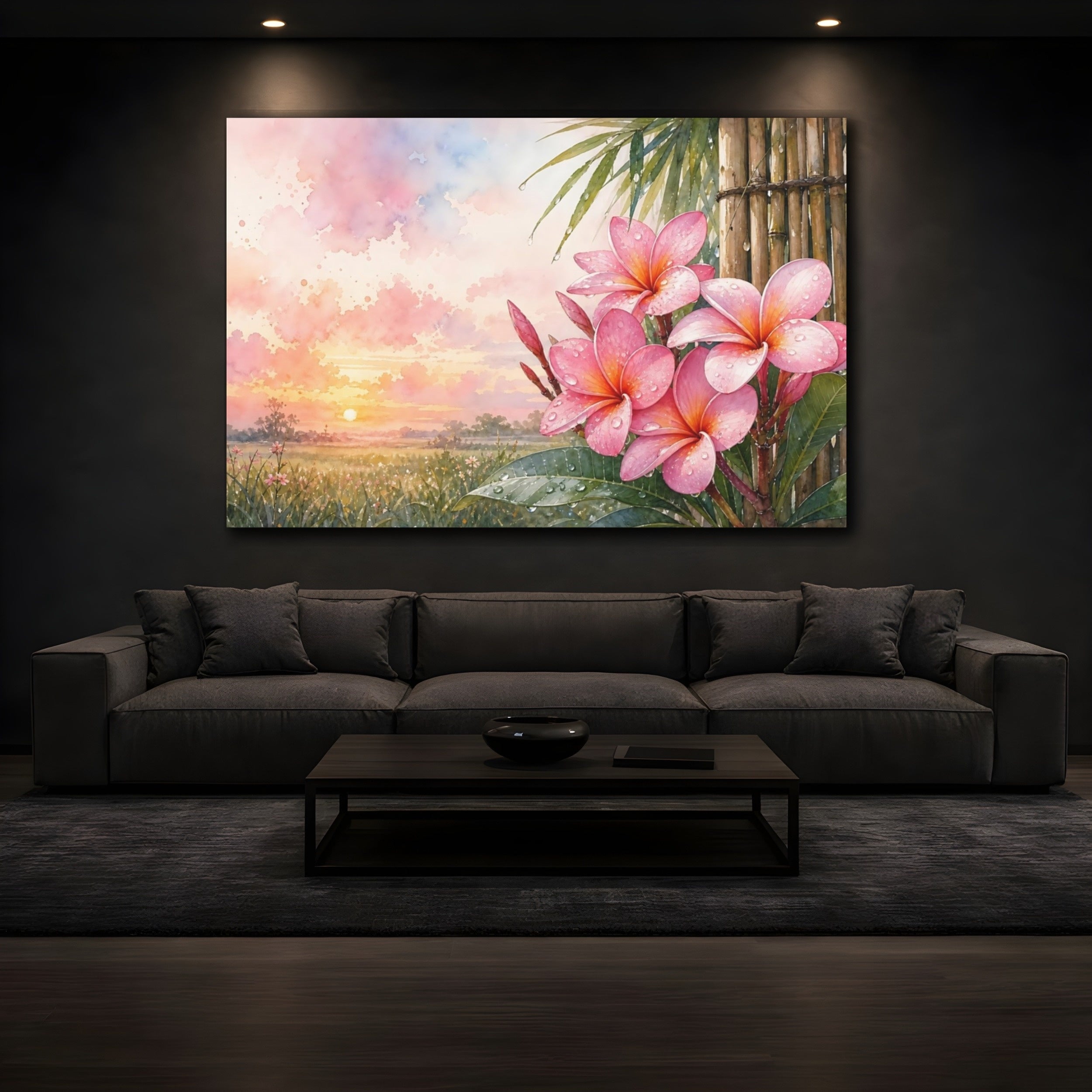 Mockup 3. Floral Plumeria Flowers Pink Floral Sunset shown as stretched canvas wall art