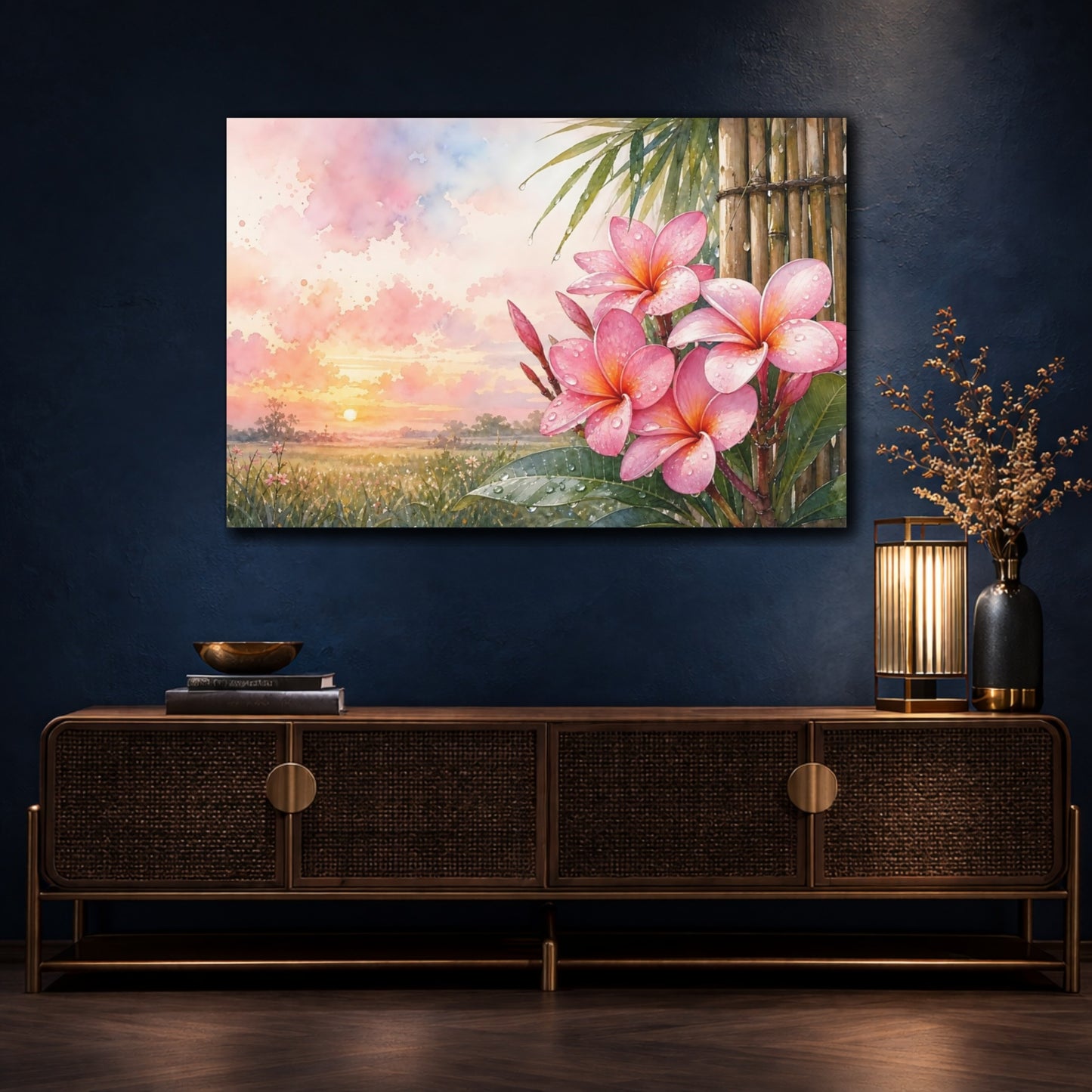 Mockup 4. Floral Plumeria Flowers Pink Floral Sunset shown as stretched canvas wall art