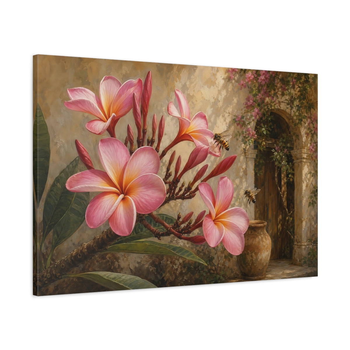 Main Mockup. Floral Plumeria Flowers Pink Plumeria shown as stretched canvas wall art