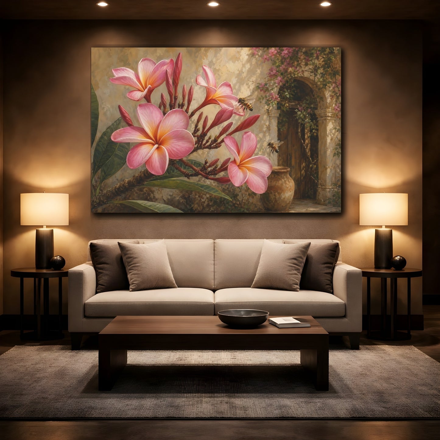 Mockup 2. Floral Plumeria Flowers Pink Plumeria shown as stretched canvas wall art