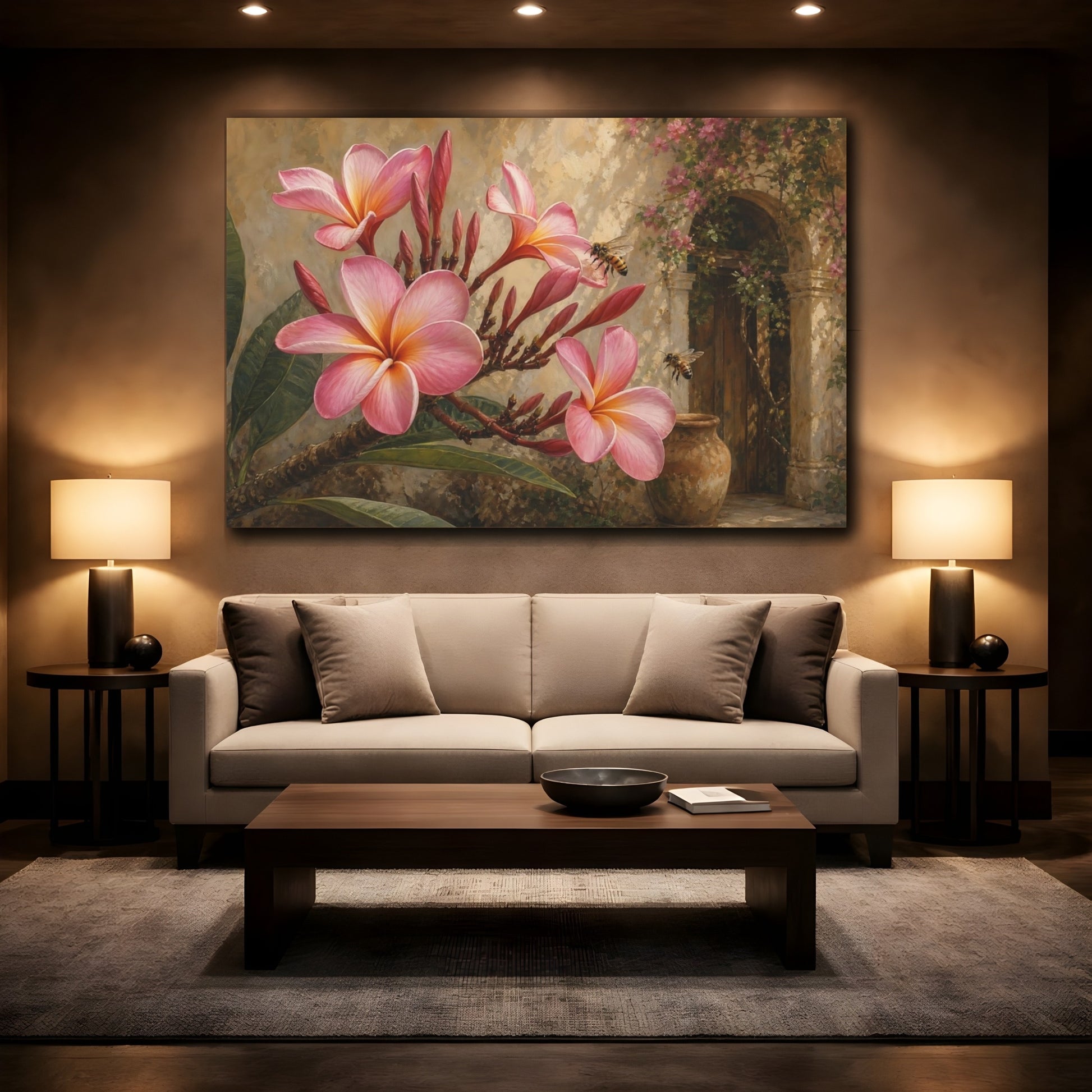 Mockup 2. Floral Plumeria Flowers Pink Plumeria shown as stretched canvas wall art
