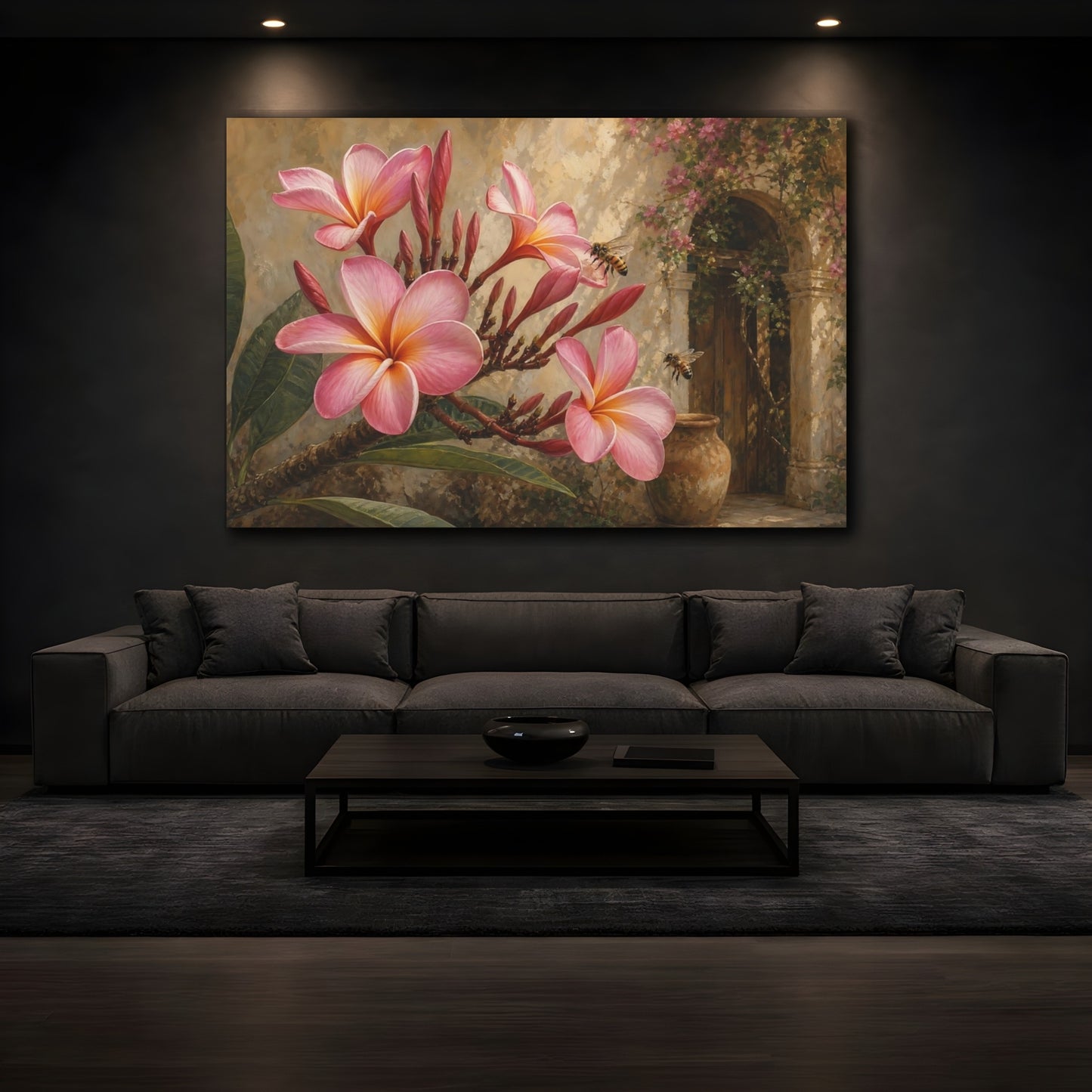 Mockup 3. Floral Plumeria Flowers Pink Plumeria shown as stretched canvas wall art
