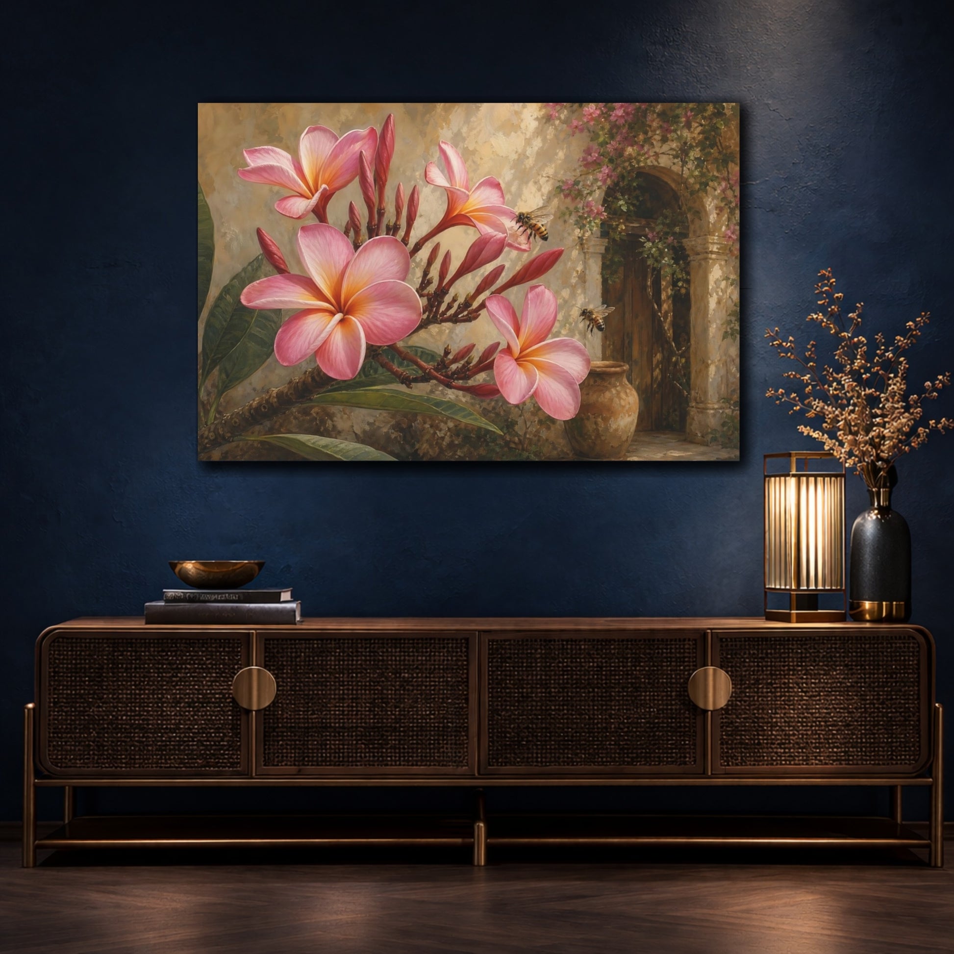 Mockup 4. Floral Plumeria Flowers Pink Plumeria shown as stretched canvas wall art