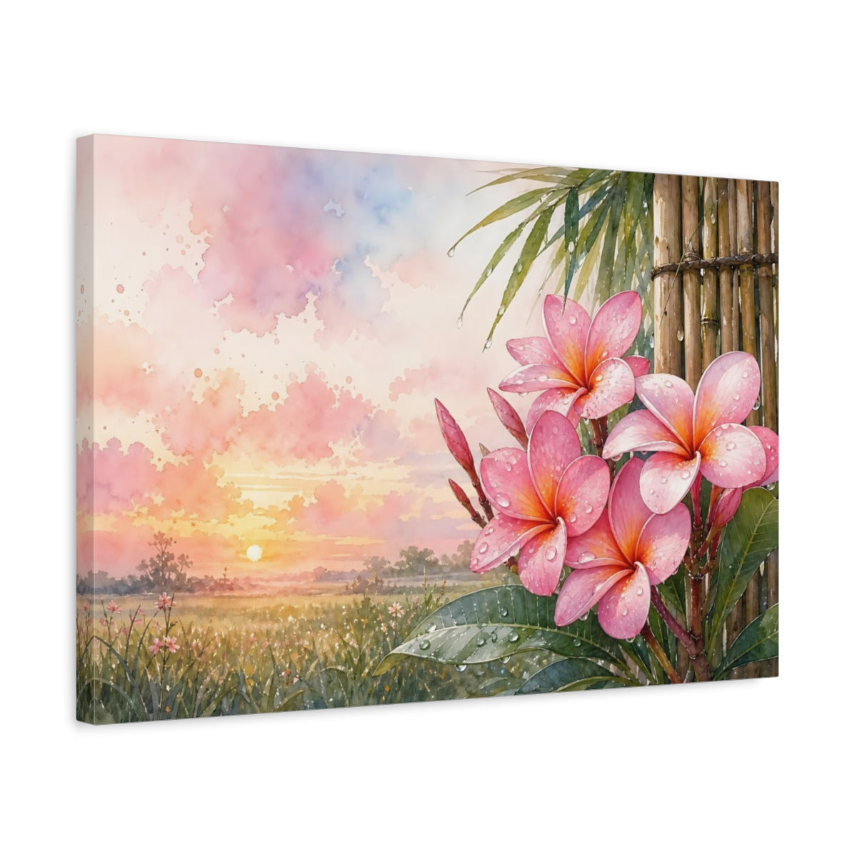 Side Mockup 3. Floral Plumeria Flowers Pink Floral Sunset shown as stretched canvas wall art