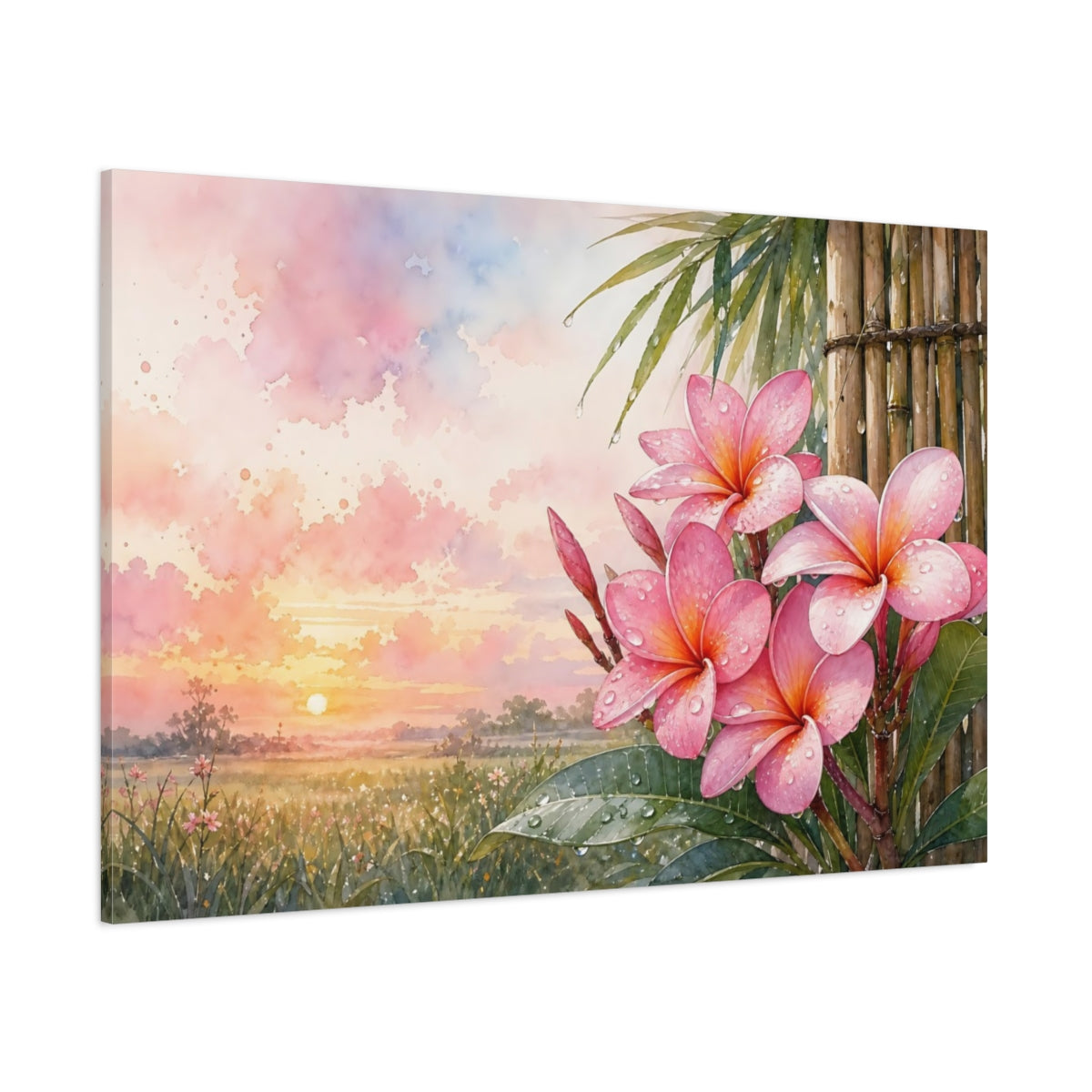 Side Mockup 1. Floral Plumeria Flowers Pink Floral Sunset shown as stretched canvas wall art