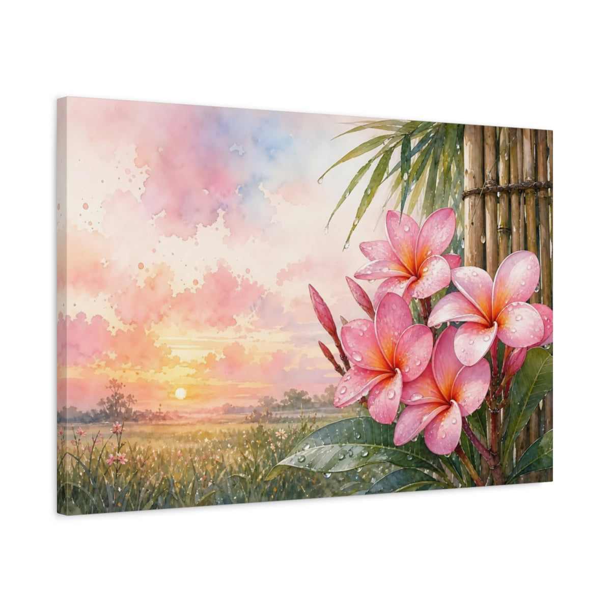 Side Mockup 2. Floral Plumeria Flowers Pink Floral Sunset shown as stretched canvas wall art