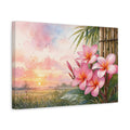 Side Mockup 4. Floral Plumeria Flowers Pink Floral Sunset shown as stretched canvas wall art