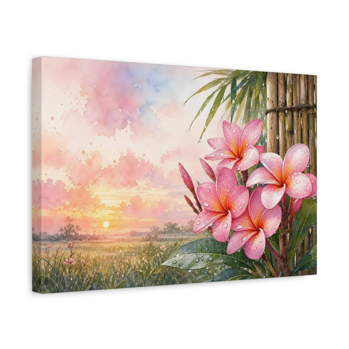 Side Mockup 4. Floral Plumeria Flowers Pink Floral Sunset shown as stretched canvas wall art