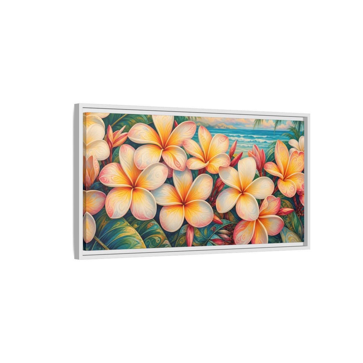Side Mockup 1. Floral Plumeria Flowers Tropical Plumeria shown as stretched canvas wall art