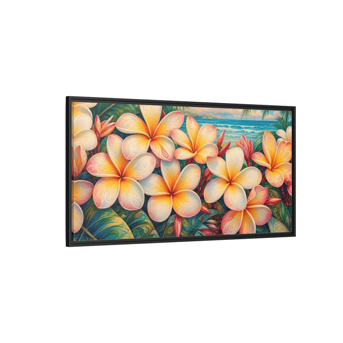 Side Mockup 5. Floral Plumeria Flowers Tropical Plumeria shown as stretched canvas wall art