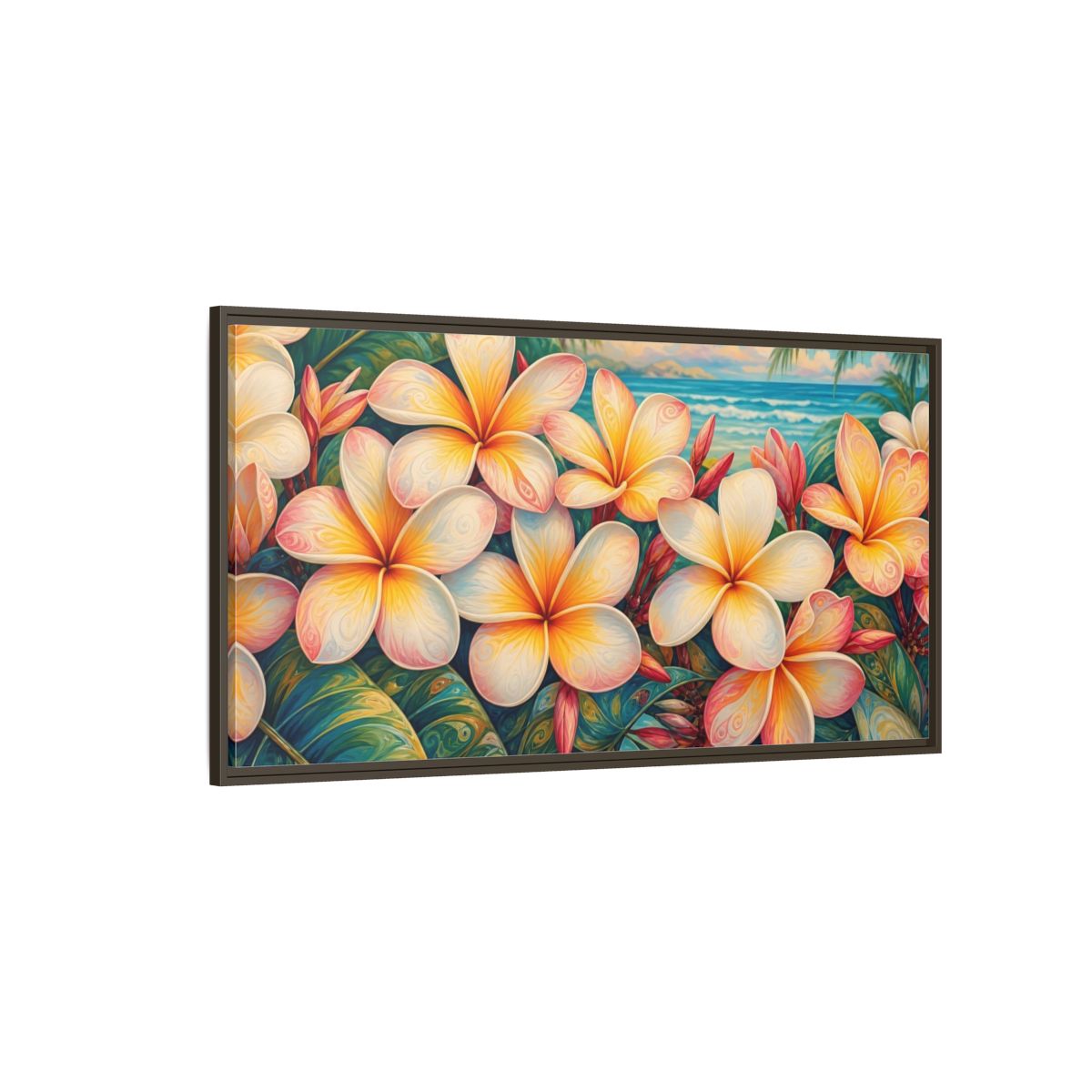 Side Mockup 4. Floral Plumeria Flowers Tropical Plumeria shown as stretched canvas wall art
