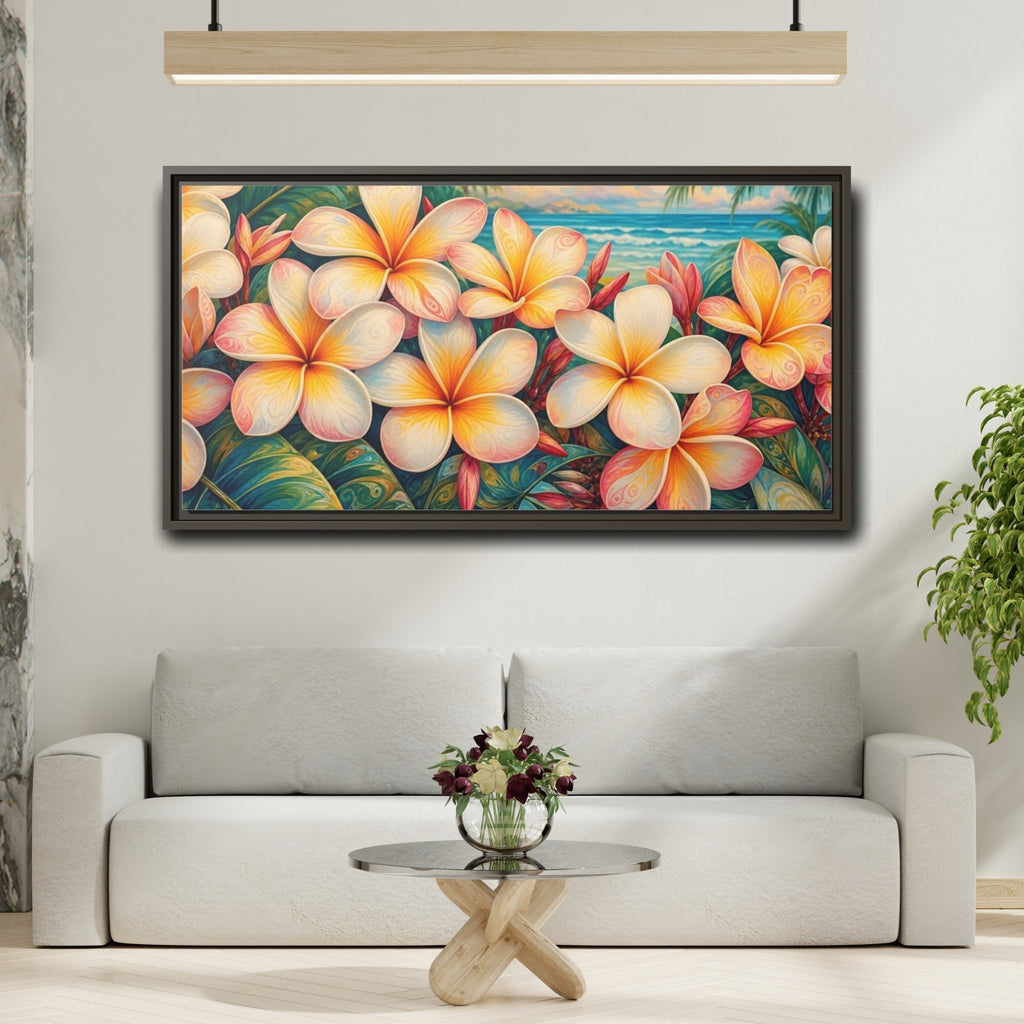 Mockup 2. Floral Plumeria Flowers Tropical Plumeria shown as stretched canvas wall art