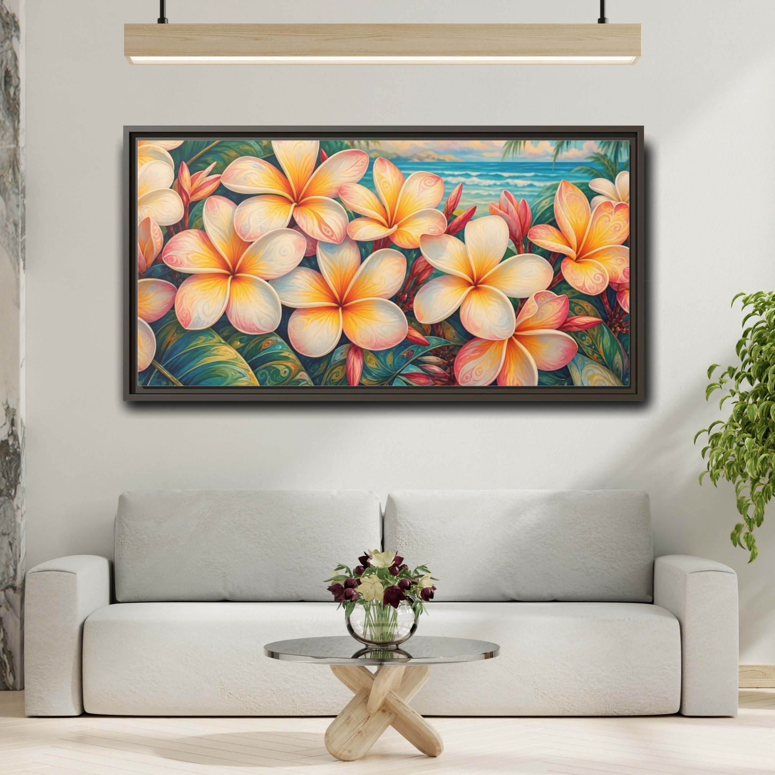 Mockup 2. Floral Plumeria Flowers Tropical Plumeria shown as stretched canvas wall art