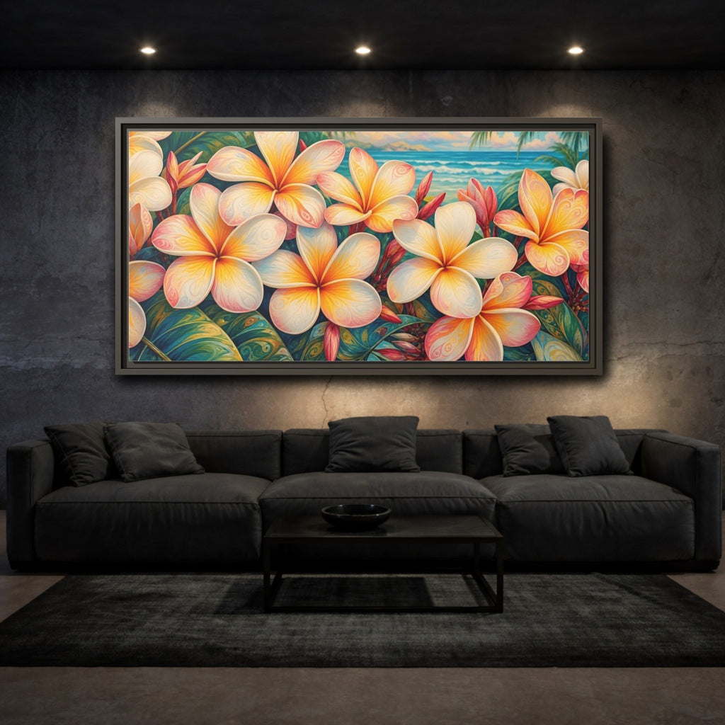Mockup 3. Floral Plumeria Flowers Tropical Plumeria shown as stretched canvas wall art