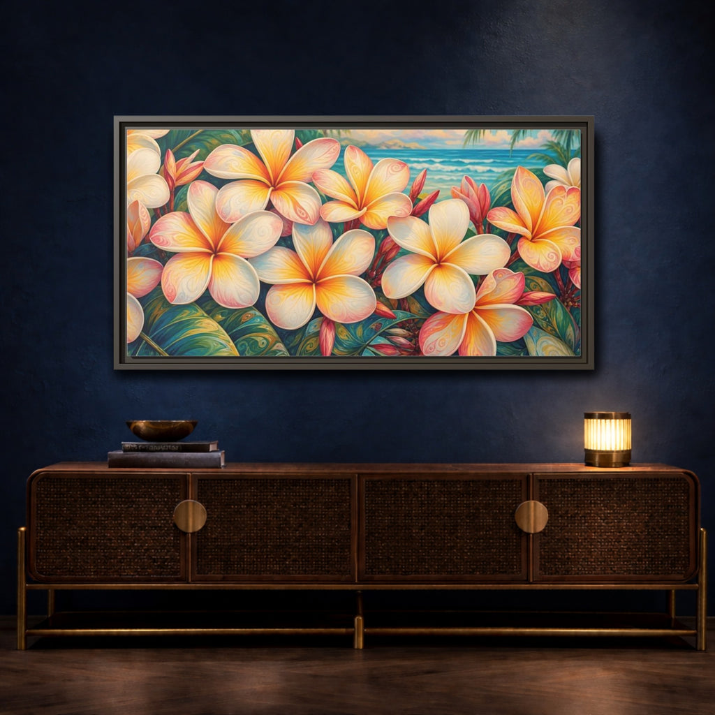 Mockup 4. Floral Plumeria Flowers Tropical Plumeria shown as stretched canvas wall art