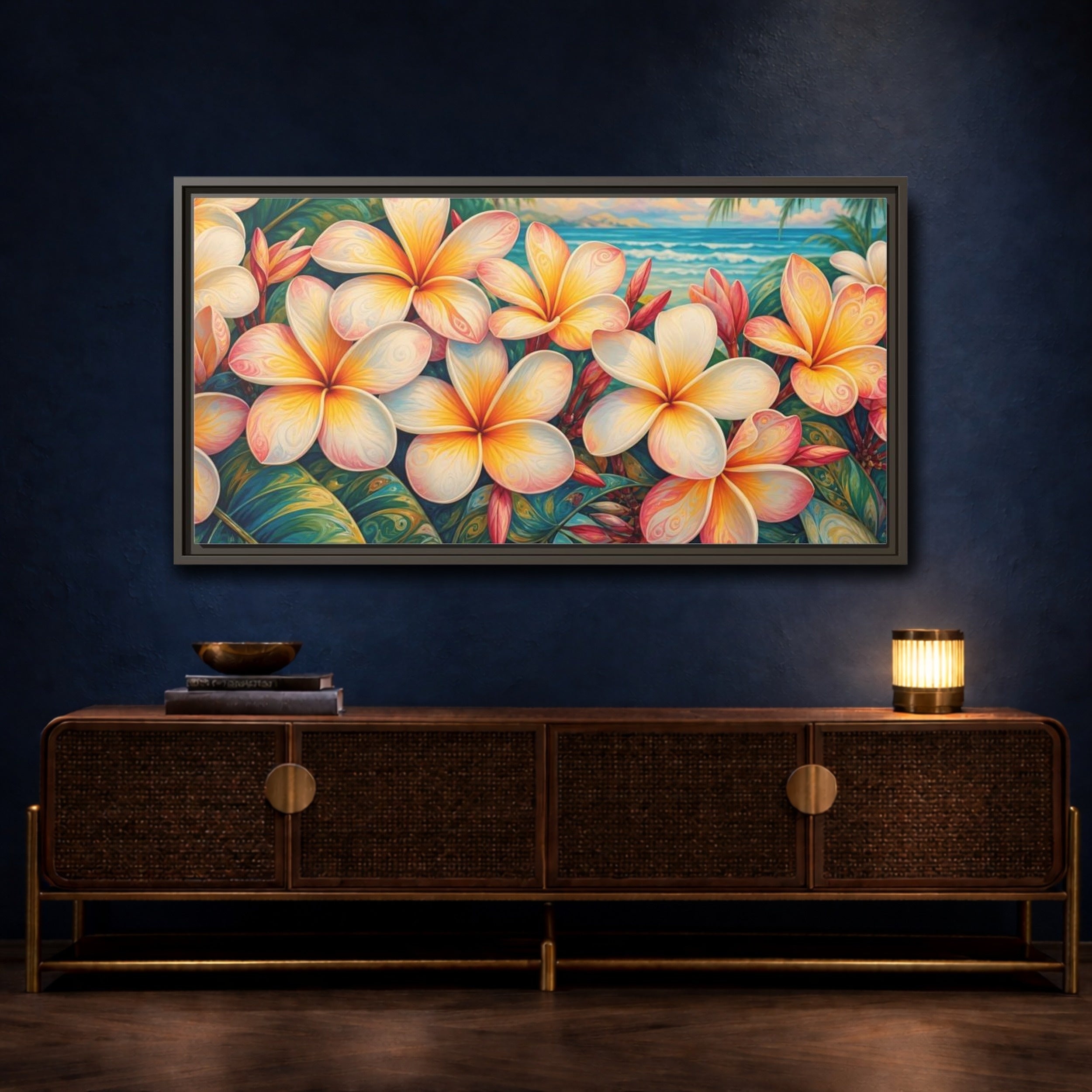 Mockup 4. Floral Plumeria Flowers Tropical Plumeria shown as stretched canvas wall art