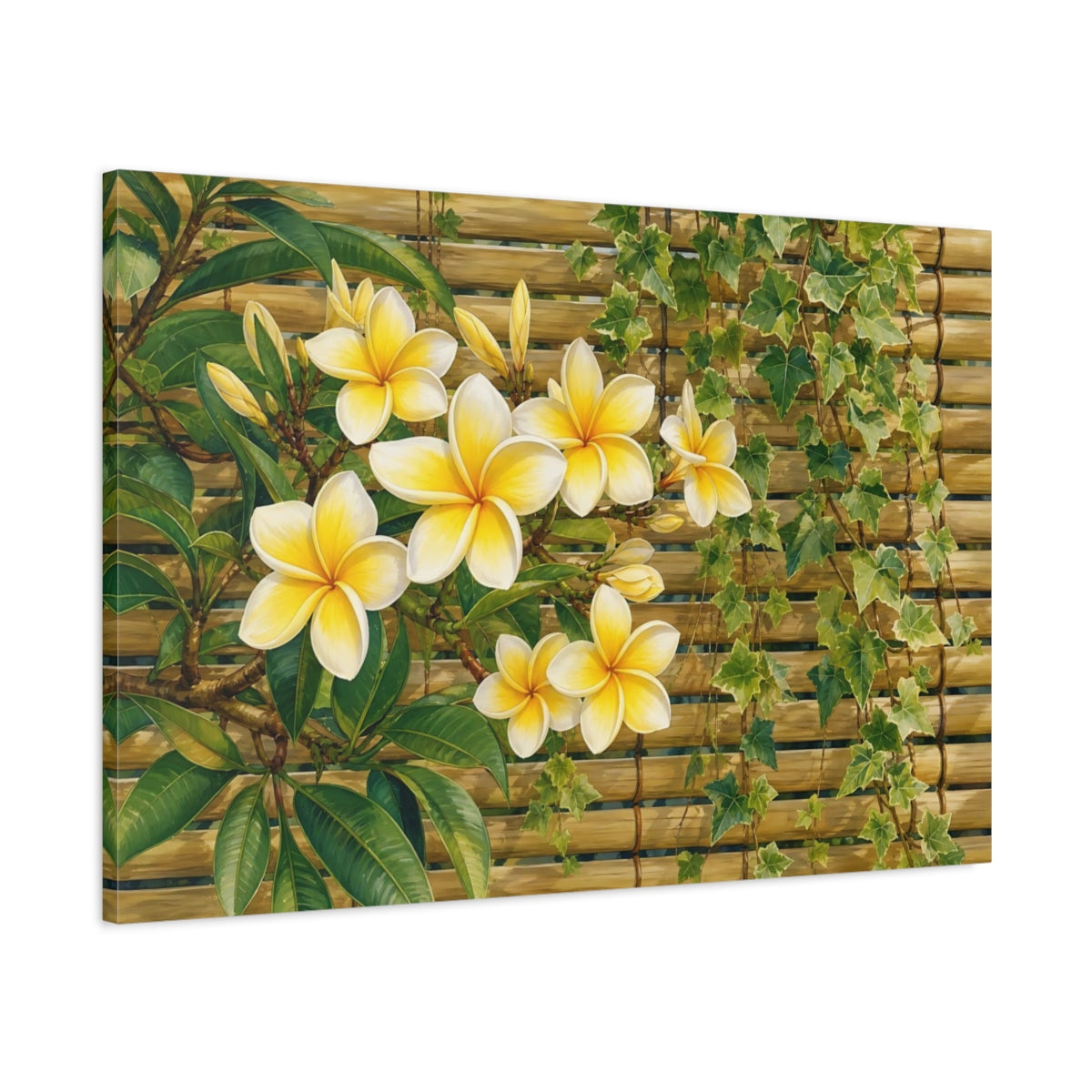 Main Mockup. Floral Plumeria Flowers Yellow And Green shown as stretched canvas wall art