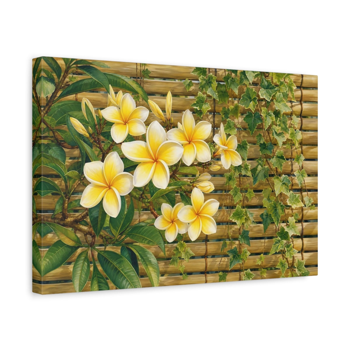 Side Mockup 4. Floral Plumeria Flowers Yellow And Green shown as stretched canvas wall art