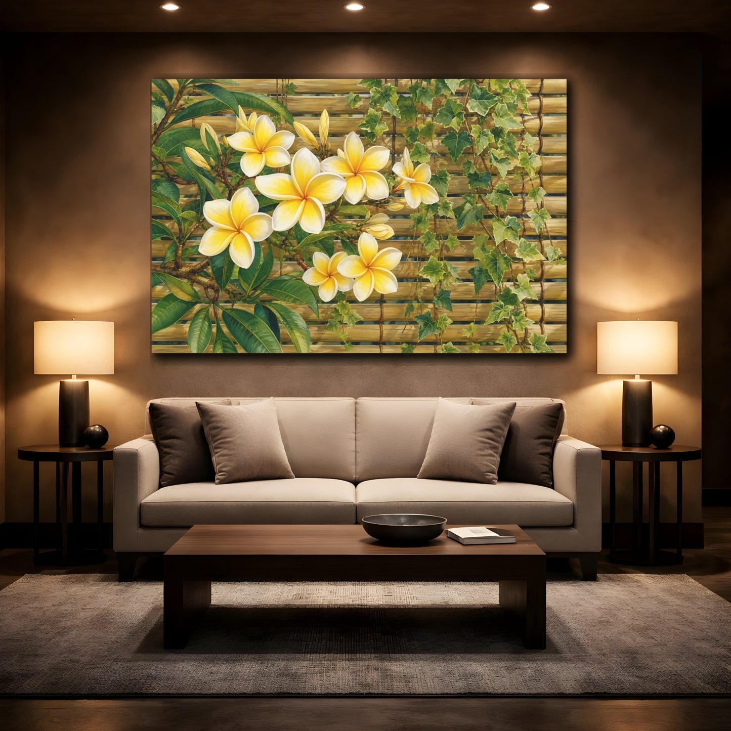 Mockup 2. Floral Plumeria Flowers Yellow And Green shown as stretched canvas wall art