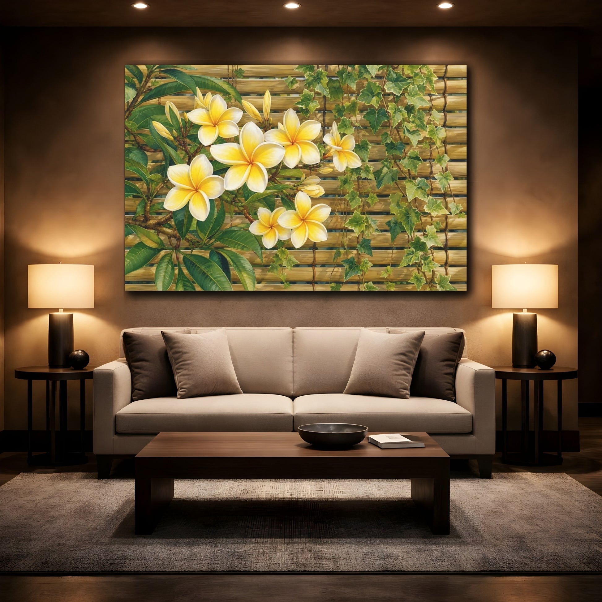 Mockup 2. Floral Plumeria Flowers Yellow And Green shown as stretched canvas wall art