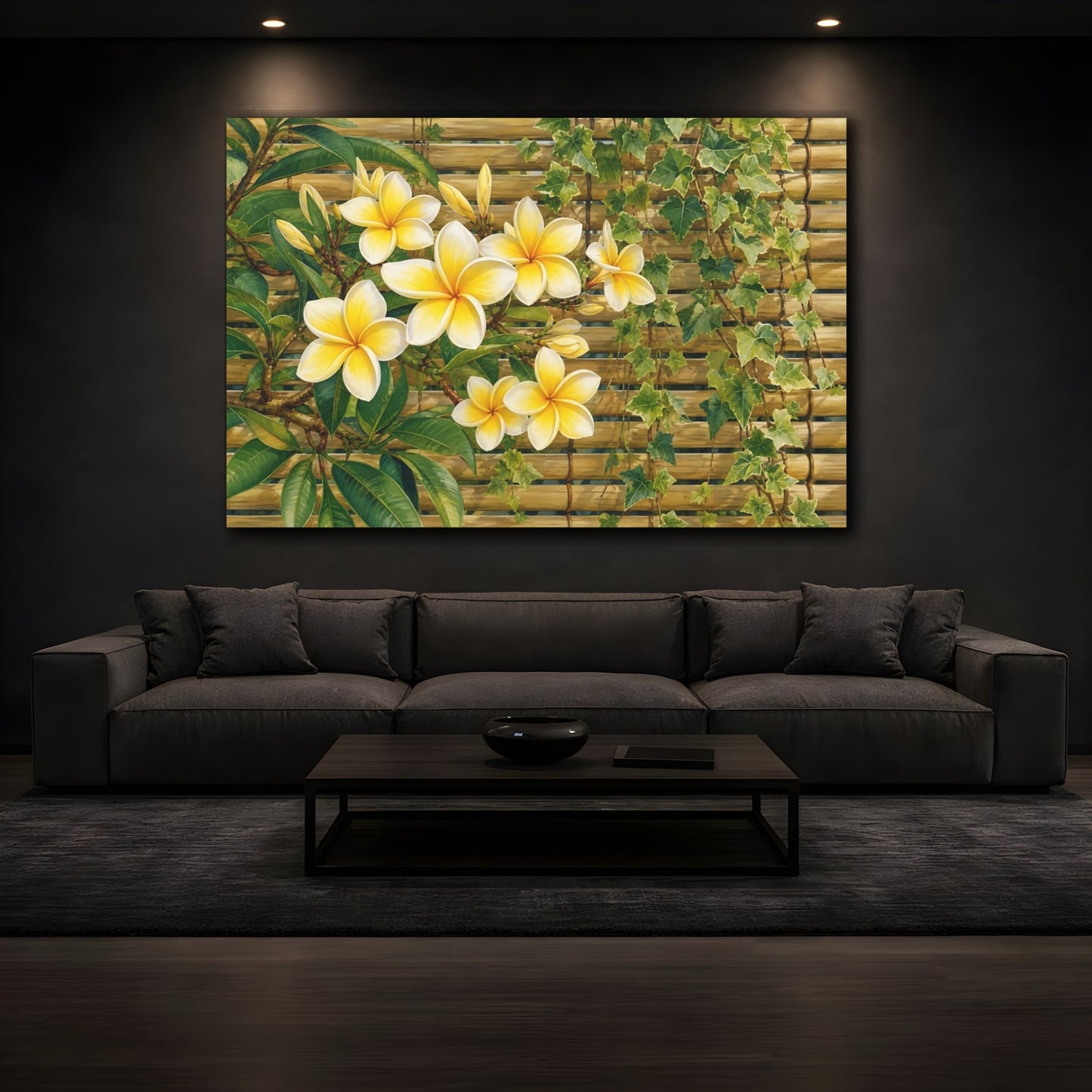 Mockup 3. Floral Plumeria Flowers Yellow And Green shown as stretched canvas wall art