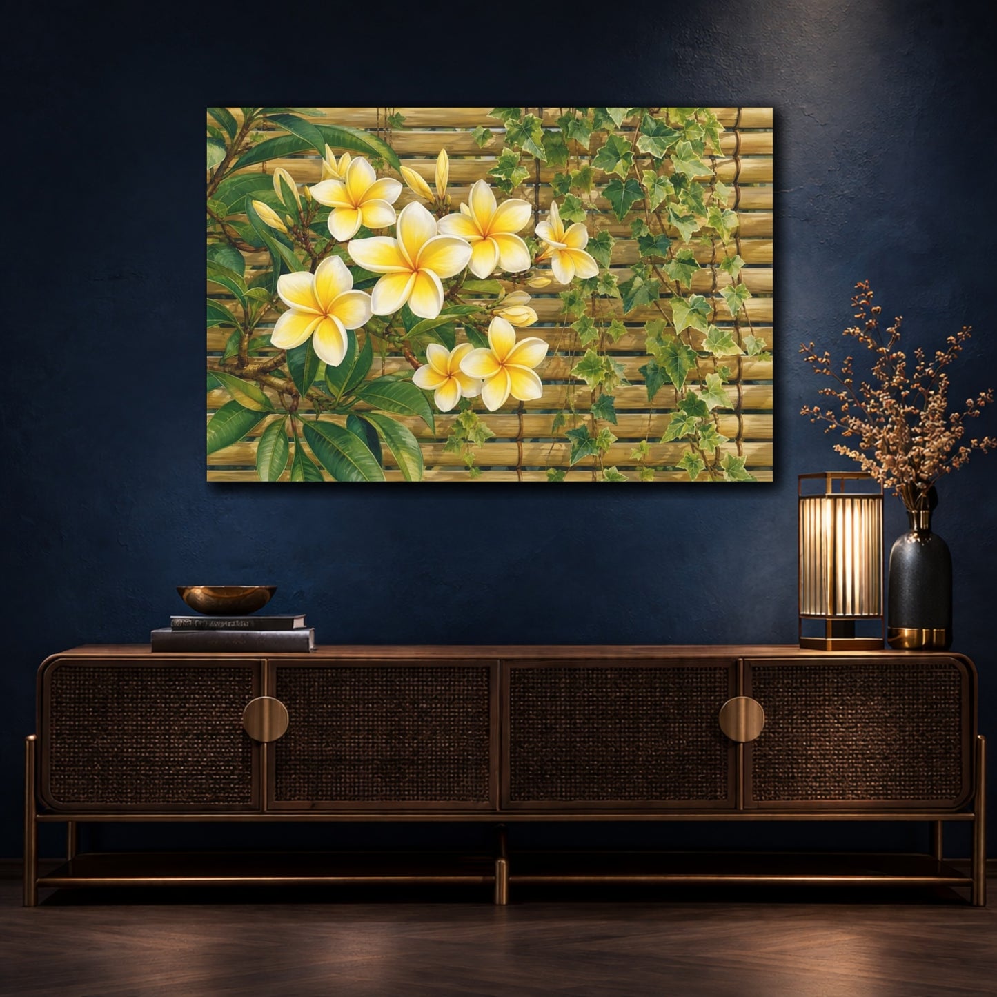 Mockup 4. Floral Plumeria Flowers Yellow And Green shown as stretched canvas wall art