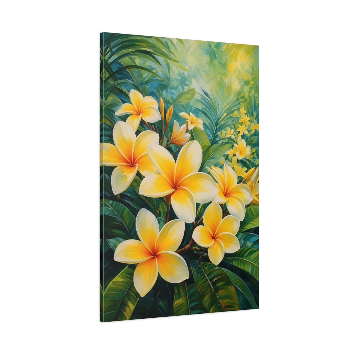 Side Mockup 1. Floral Plumeria Flowers Yellow Plumeria shown as stretched canvas wall art