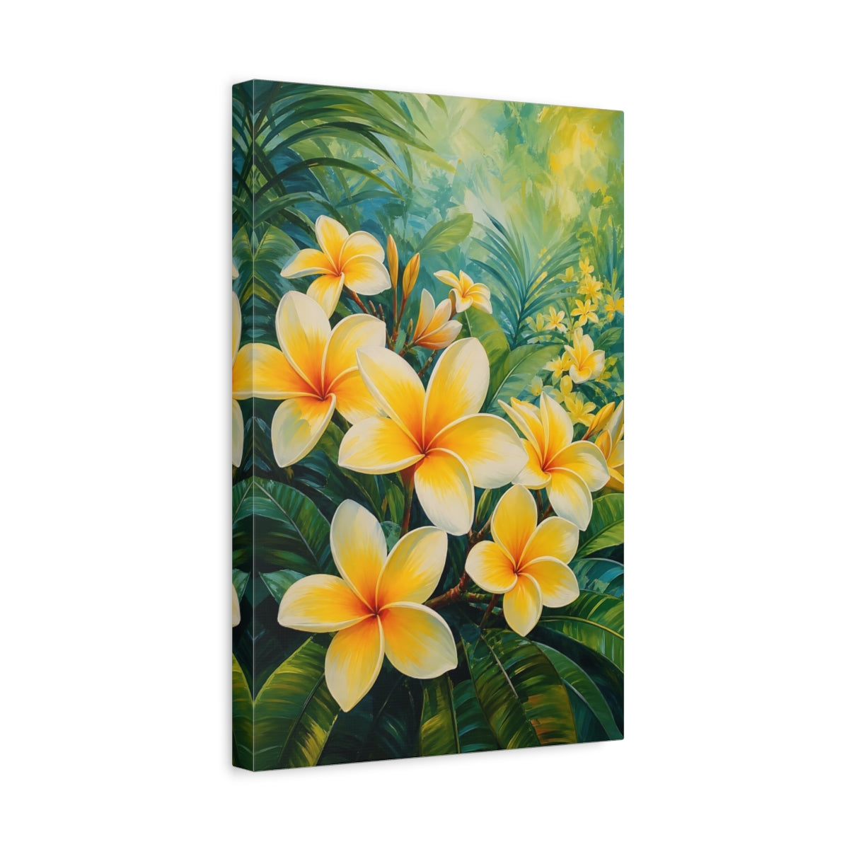 Side Mockup 4. Floral Plumeria Flowers Yellow Plumeria shown as stretched canvas wall art