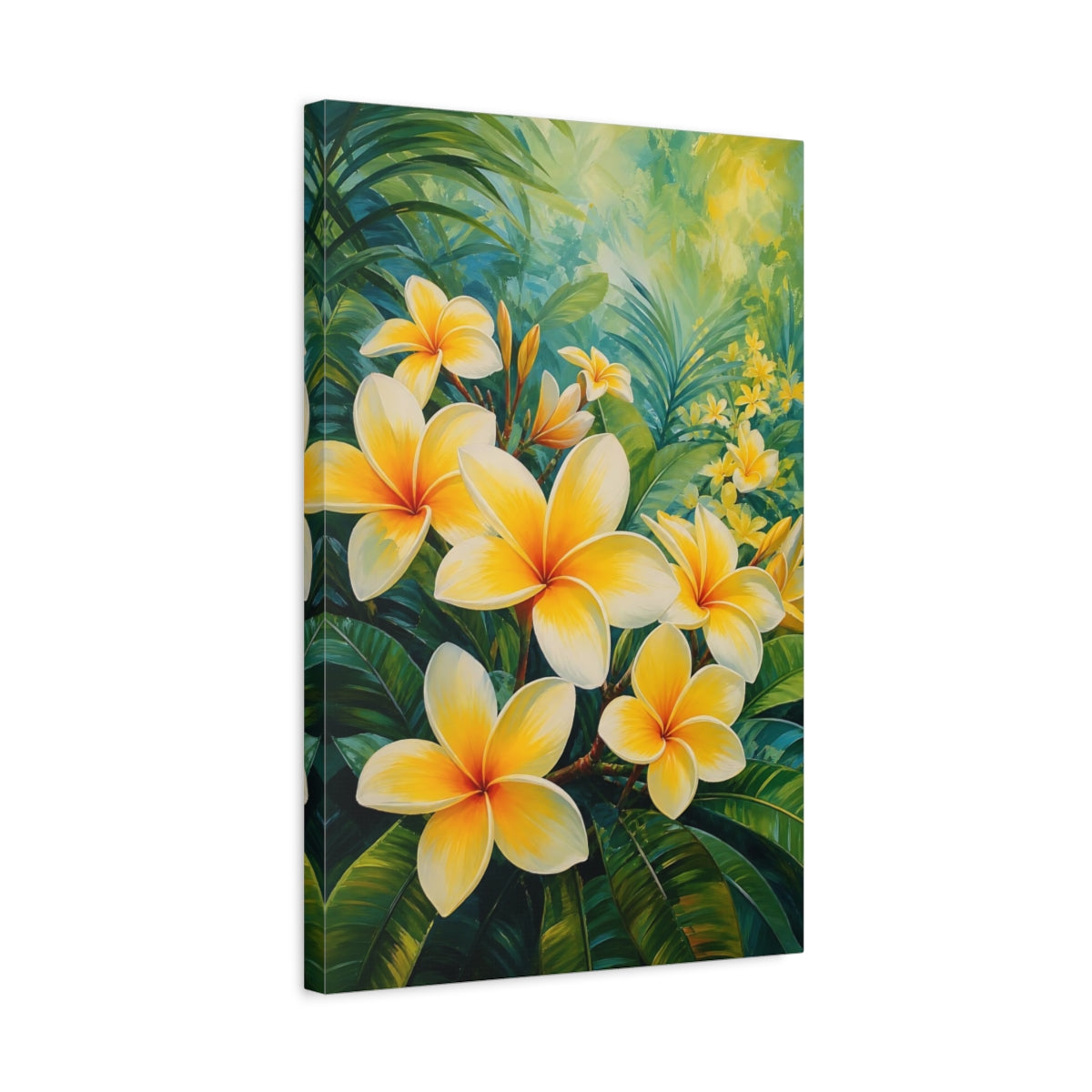 Side Mockup 3. Floral Plumeria Flowers Yellow Plumeria shown as stretched canvas wall art