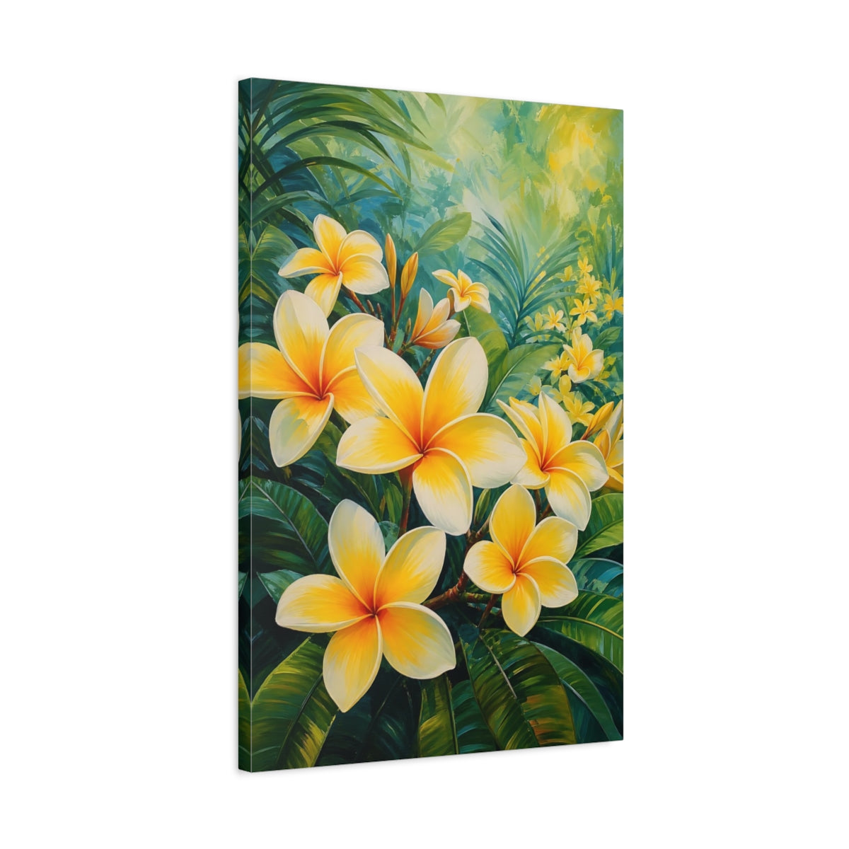 Side Mockup 2. Floral Plumeria Flowers Yellow Plumeria shown as stretched canvas wall art