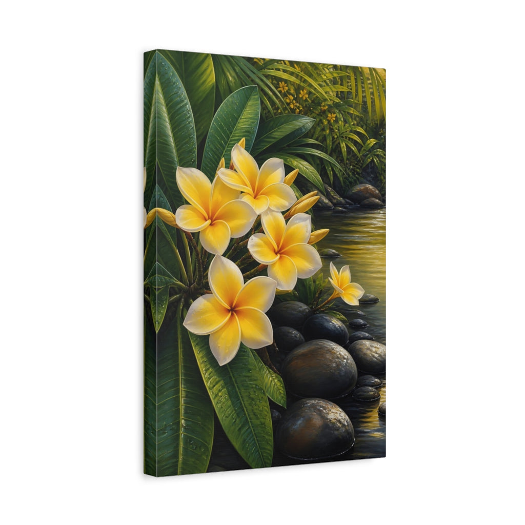 Side Mockup 4. Floral Plumeria Flowers Yellow Plumeria shown as stretched canvas wall art