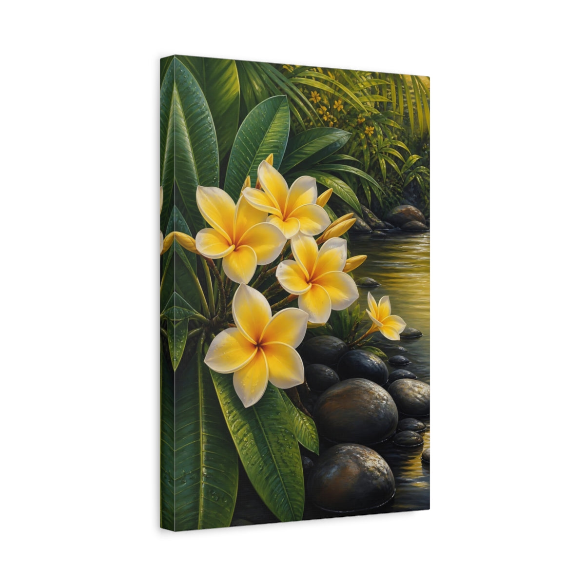 Side Mockup 4. Floral Plumeria Flowers Yellow Plumeria shown as stretched canvas wall art