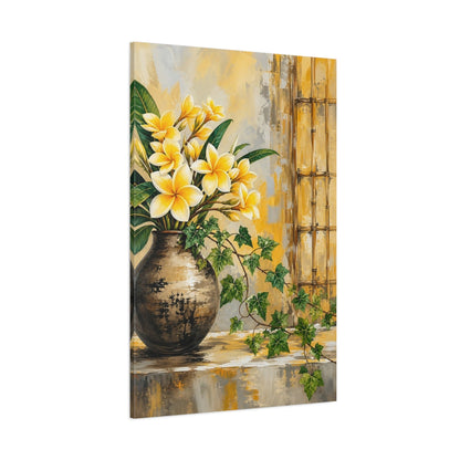 Side Mockup 1. Floral Plumeria Flowers Yellow Floral shown as stretched canvas wall art