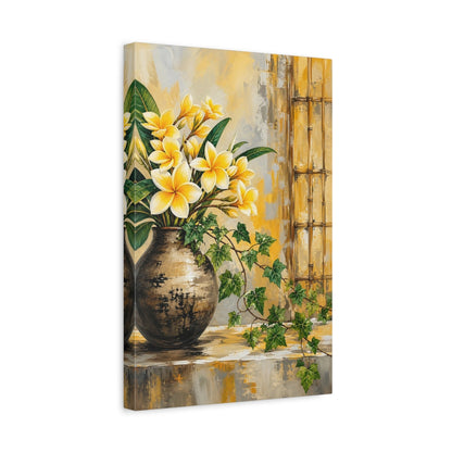 Side Mockup 4. Floral Plumeria Flowers Yellow Floral shown as stretched canvas wall art