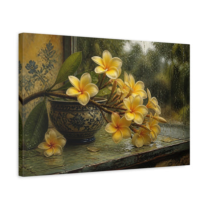 Side Mockup 3. Floral Plumeria Flowers Yellow Plumeria shown as stretched canvas wall art