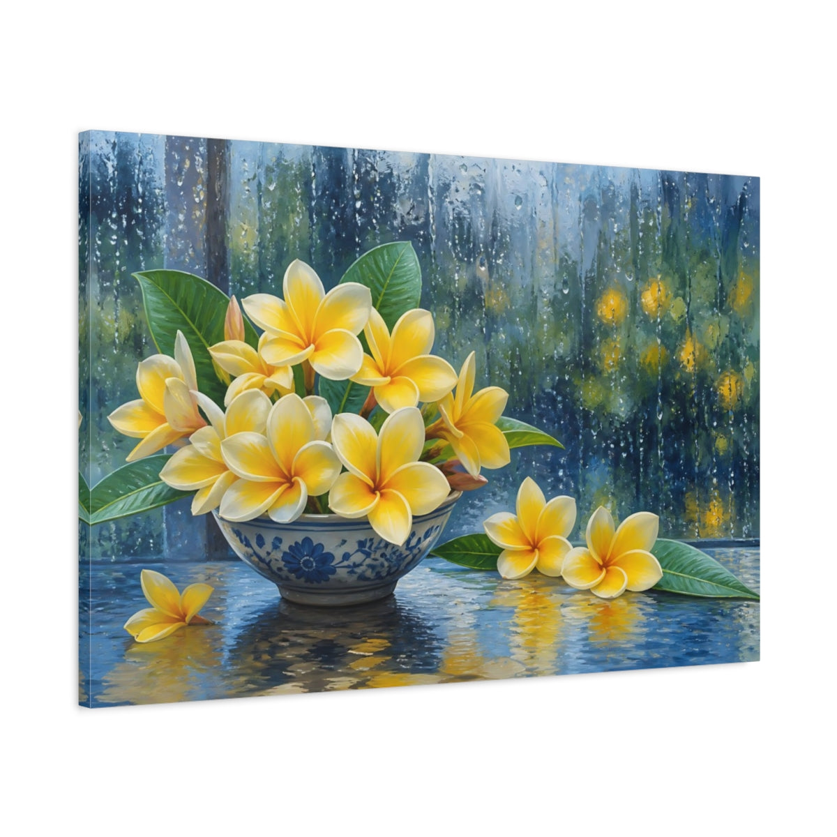 Main Mockup. Floral Plumeria Flowers Yellow Floral Rain shown as stretched canvas wall art