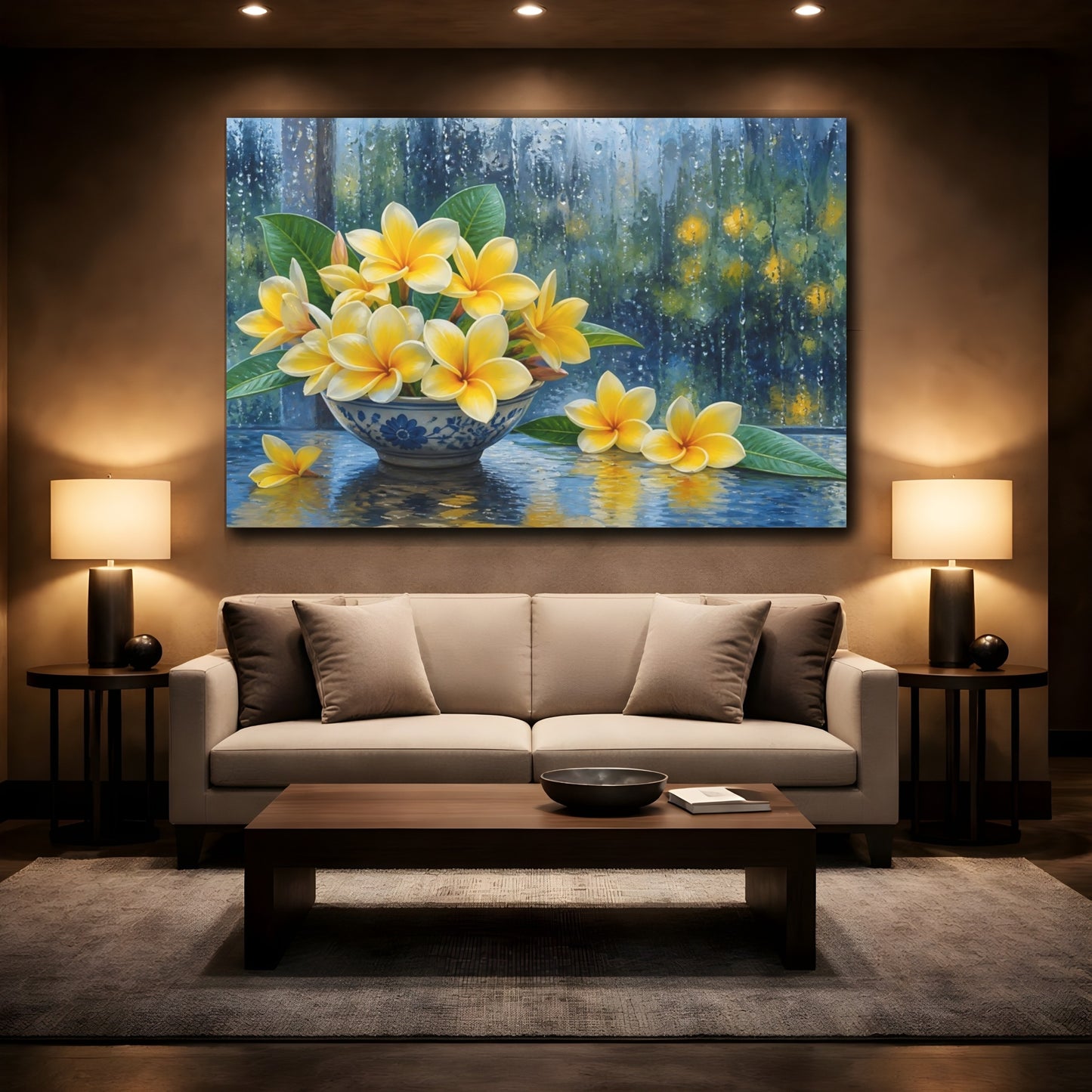 Mockup 2. Floral Plumeria Flowers Yellow Floral Rain shown as stretched canvas wall art