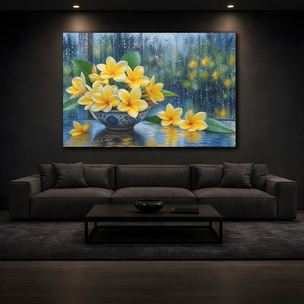 Mockup 3. Floral Plumeria Flowers Yellow Floral Rain shown as stretched canvas wall art