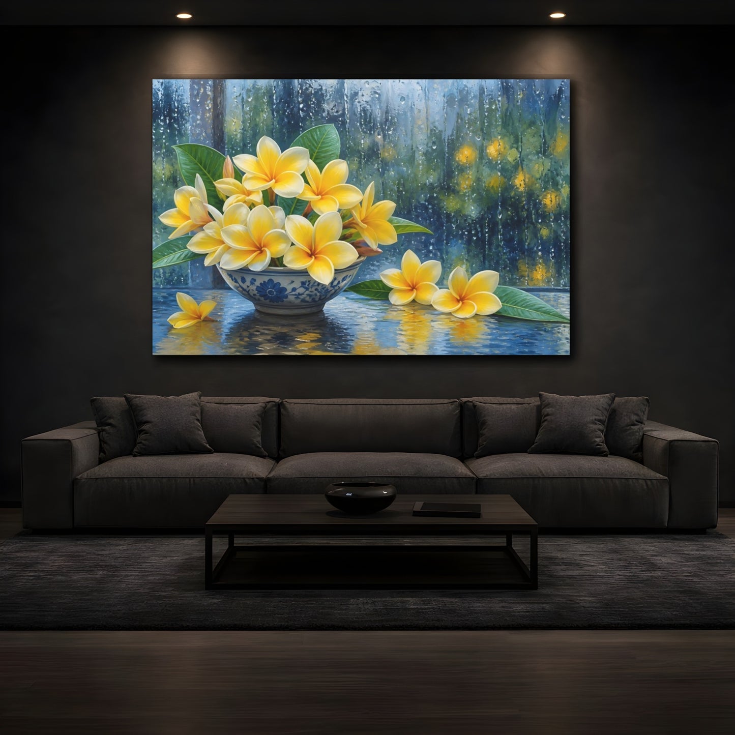 Mockup 3. Floral Plumeria Flowers Yellow Floral Rain shown as stretched canvas wall art