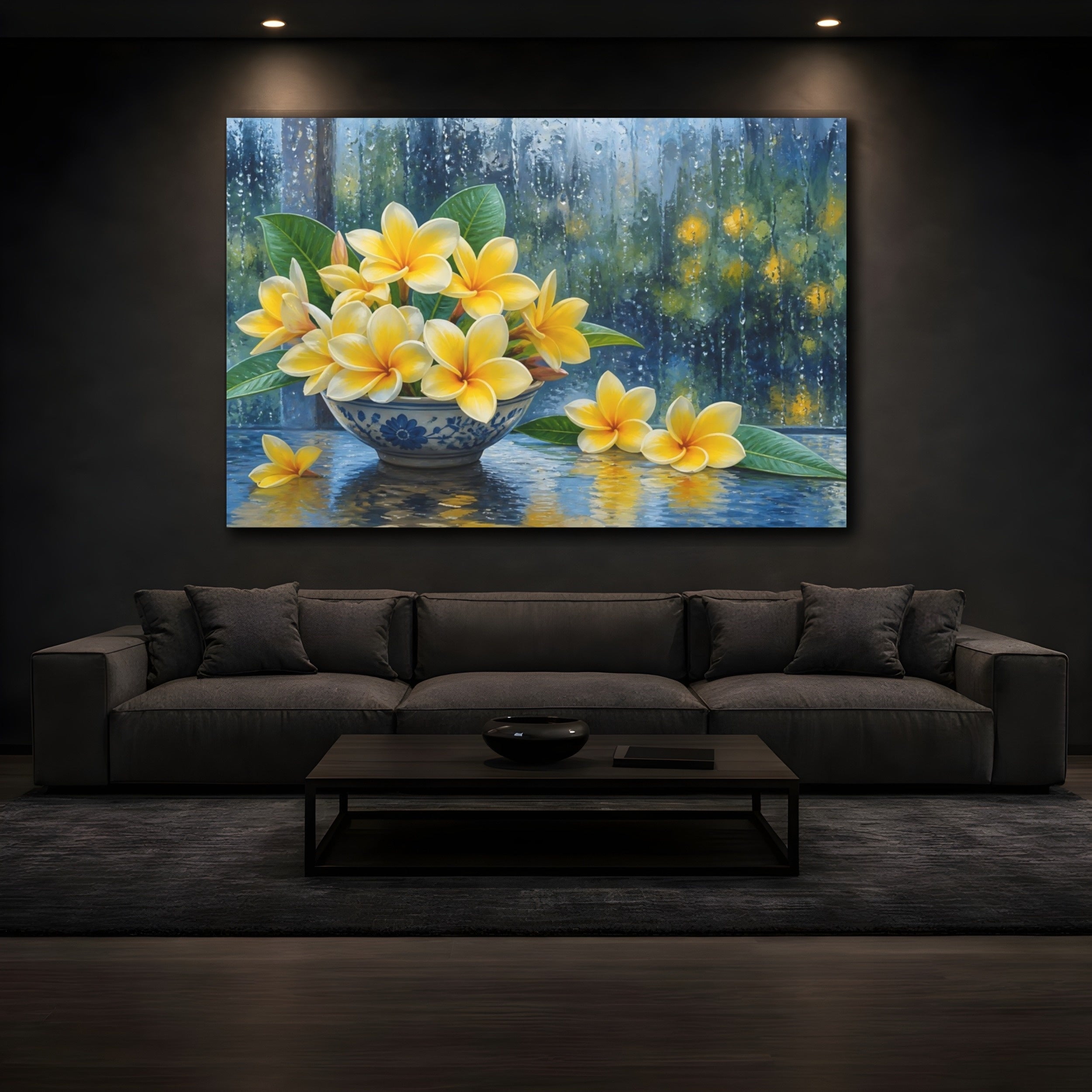 Mockup 3. Floral Plumeria Flowers Yellow Floral Rain shown as stretched canvas wall art