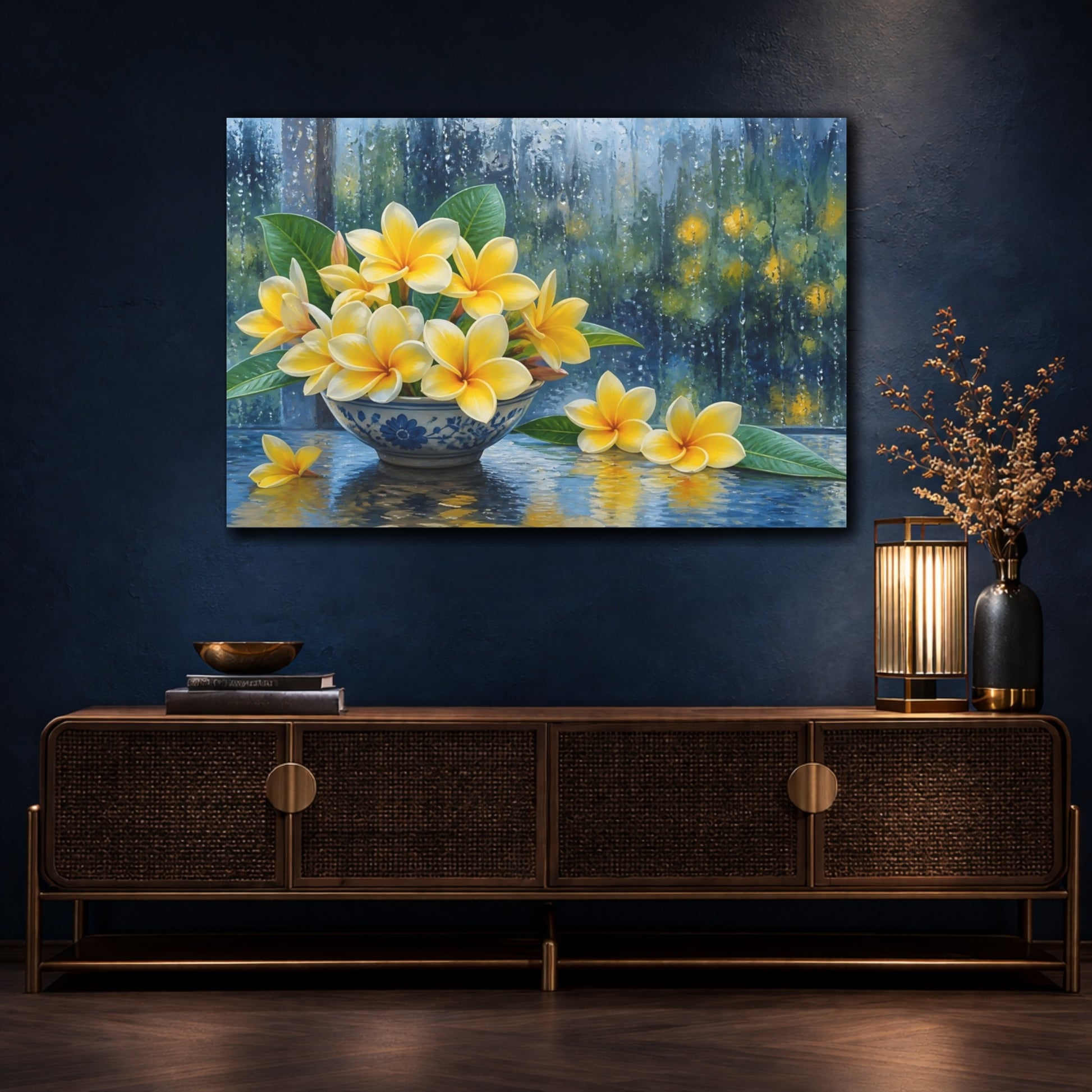 Mockup 4. Floral Plumeria Flowers Yellow Floral Rain shown as stretched canvas wall art