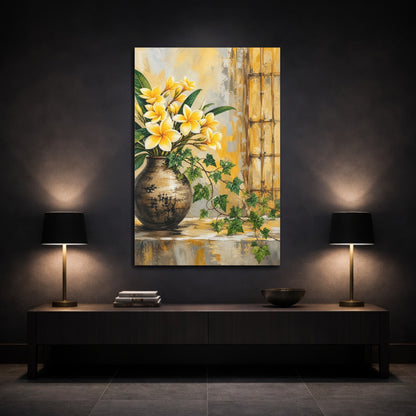 Mockup 3. Floral Plumeria Flowers Yellow Floral shown as stretched canvas wall art