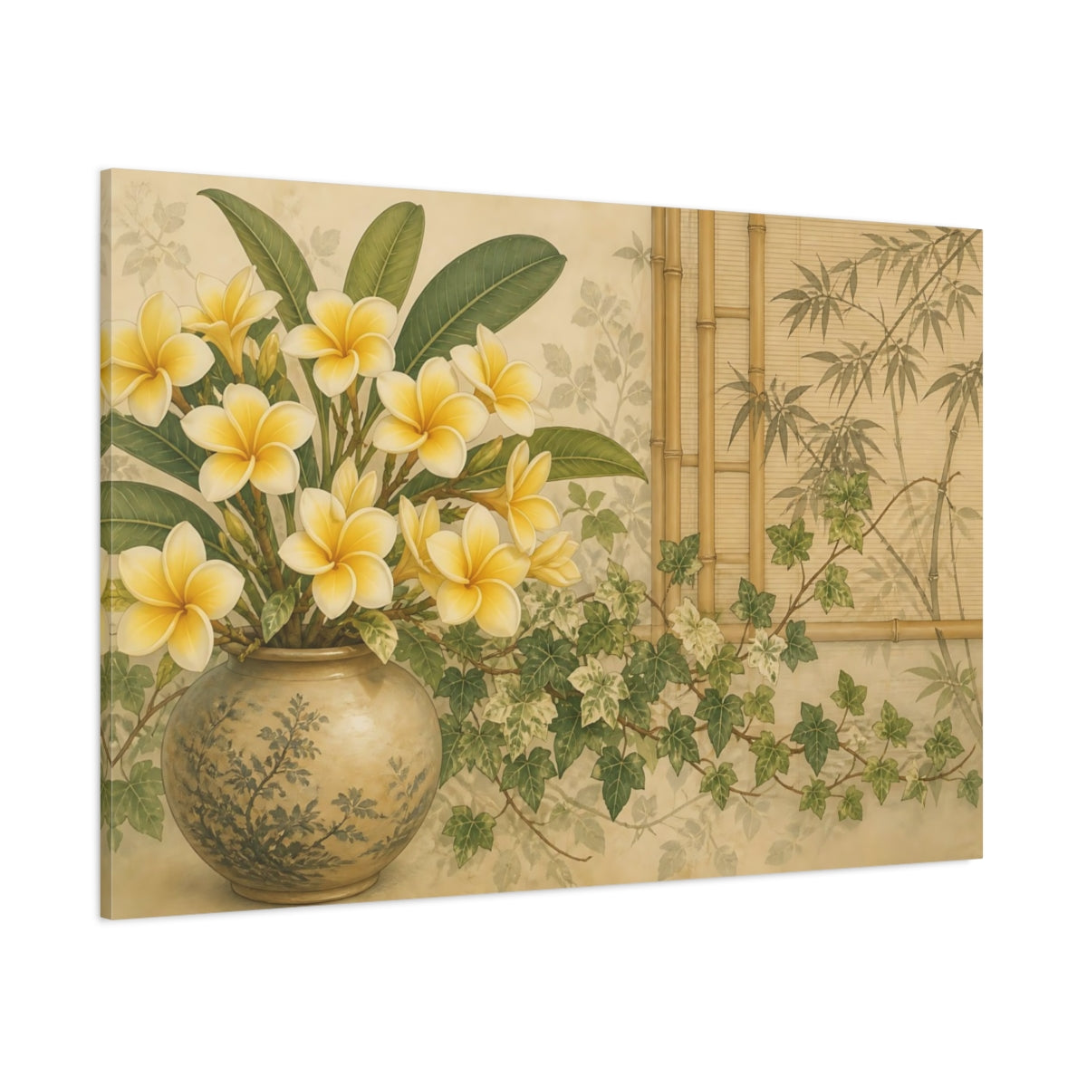 Side Mockup 1. Floral Plumeria Flowers Yellow Plumeria Green shown as stretched canvas wall art