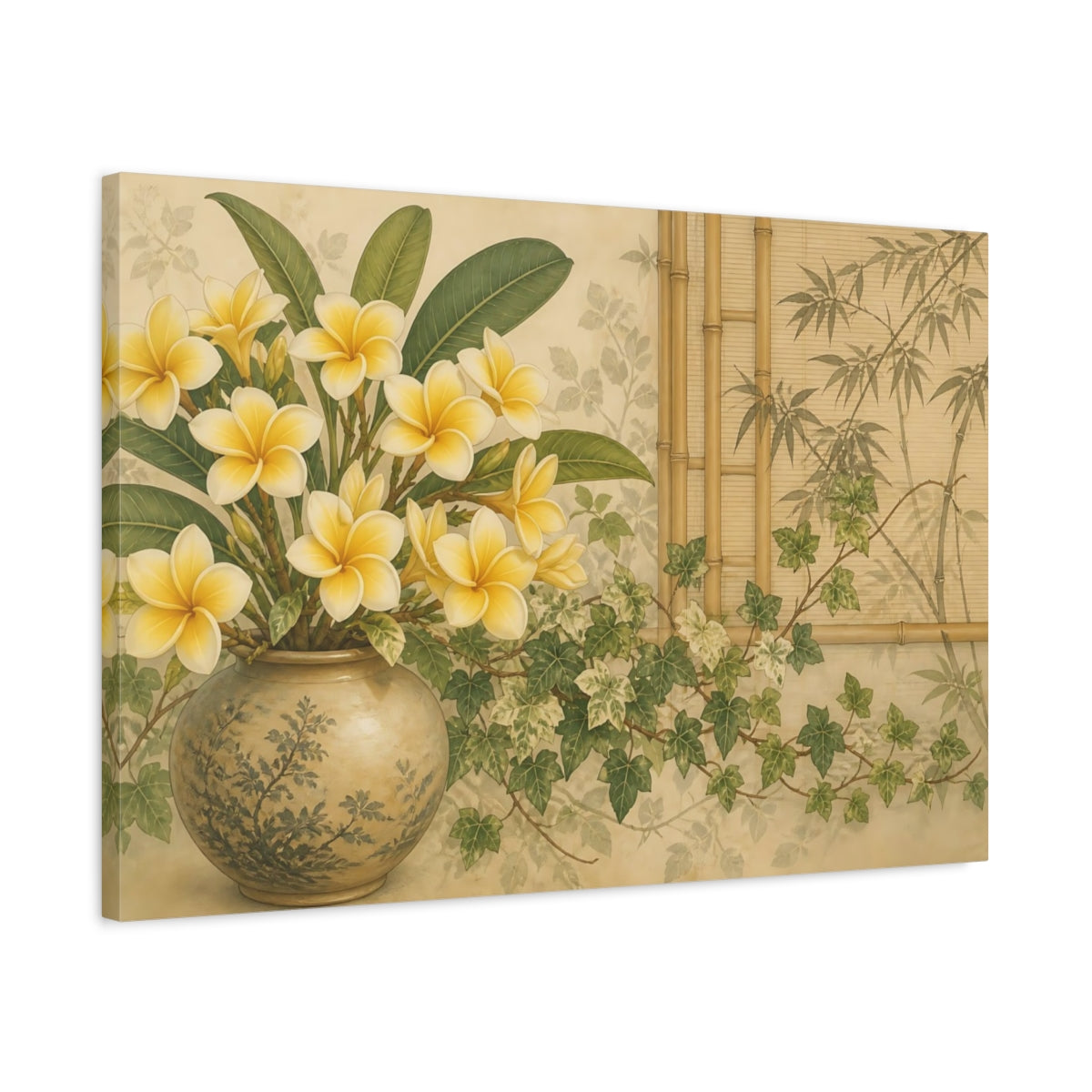 Side Mockup 2. Floral Plumeria Flowers Yellow Plumeria Green shown as stretched canvas wall art