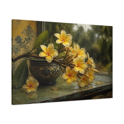 Main Mockup. Floral Plumeria Flowers Yellow Plumeria shown as stretched canvas wall art